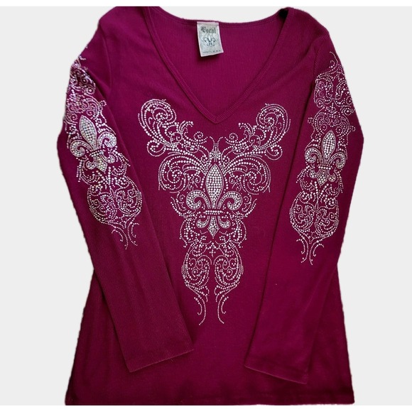 VOCAL Shirt CRYSTAL Rhinestone BURGUNDY FLEUR DE LIS‎ Bedazzled long sleeve Y2K - Picture 1 of 9